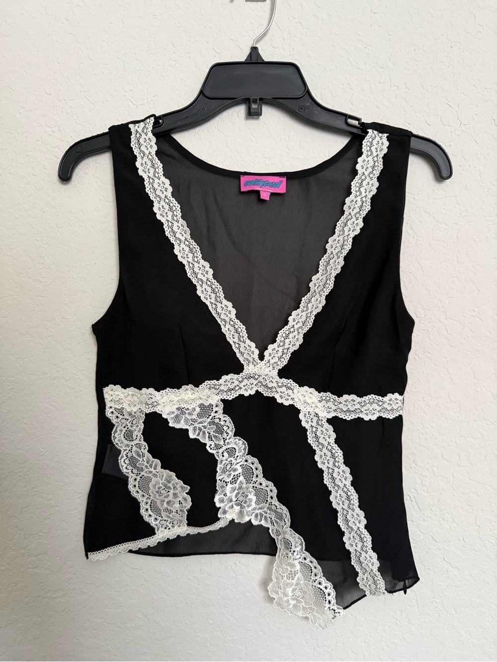 Edikted Black White Lace Trim Chiffon Tank Top Size Small Coquette Dark Romantic